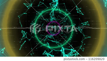 Image of circular neon shapes in seamless pattern against network of connections Image of circular neon shapes in seamless pattern against network of connections 116209820