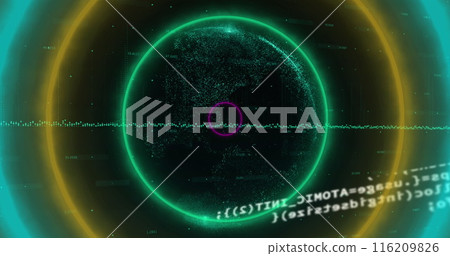 Image of circular neon shapes in seamless pattern against data processing and globe Image of circular neon shapes in seamless pattern against data processing and globe 116209826