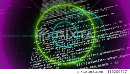 Image of circular neon shapes in seamless pattern against data processing and globe 116209827