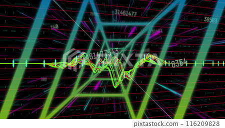 Image of neon tunnel in seamless pattern against changing numbers and data processing 116209828