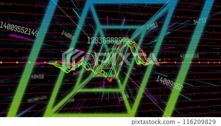 Image of neon tunnel in seamless pattern against changing numbers and data processing Image of neon tunnel in seamless pattern against changing numbers and data processing 116209829