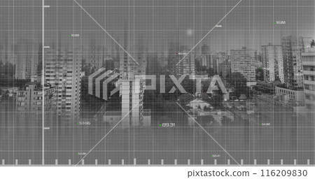 Image of statistical data processing over grid network against aerial view of cityscape Image of statistical data processing over grid network against aerial view of cityscape 116209830