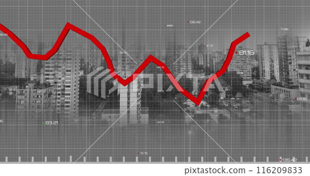 Image of statistical data processing over grid network against aerial view of cityscape 116209833