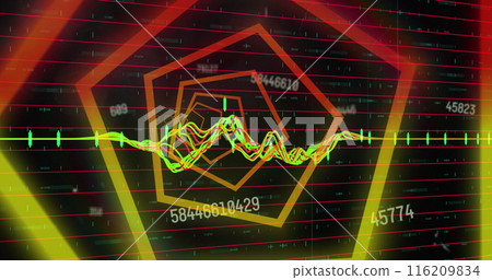 Image of hexagonal neon tunnel in seamless pattern against changing numbers and data processing Image of hexagonal neon tunnel in seamless pattern against changing numbers and data processing 116209834