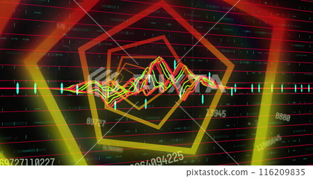 Image of hexagonal neon tunnel in seamless pattern against changing numbers and data processing 116209835