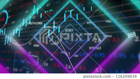 Image of neon tunnel in seamless pattern over changing numbers and stock market data processing Image of neon tunnel in seamless pattern over changing numbers and stock market data processing 116209839