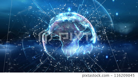 Image of network of connections and light trails over spinning globe against blue background Image of network of connections and light trails over spinning globe against blue background 116209845