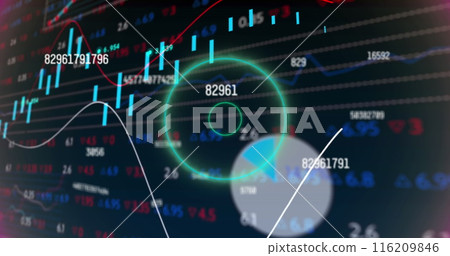 Image of circular neon shapes in seamless pattern over statistical, stock market data processing Image of circular neon shapes in seamless pattern over statistical, stock market data processing 116209846