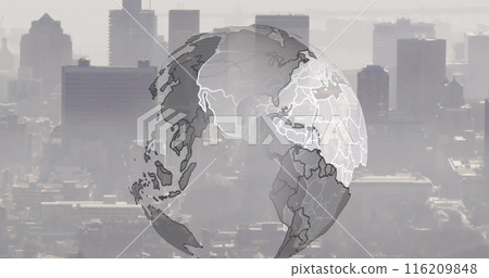 Image of spinning globe against aerial view of cityscape Image of spinning globe against aerial view of cityscape 116209848