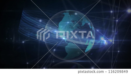Image of glowing network of connections and light trails over spinning globe on blue background Image of glowing network of connections and light trails over spinning globe on blue background 116209849
