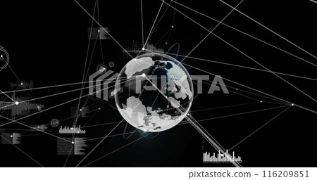 Image of data processing and network of connections over spinning globe on black background Image of data processing and network of connections over spinning globe on black background 116209851