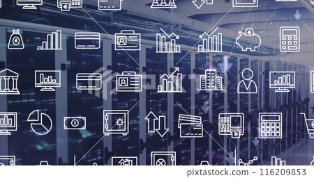 Image of interface with digital icons and mosaic squares against computer server room Image of interface with digital icons and mosaic squares against computer server room 116209853