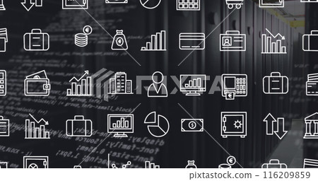 Image of interface with digital icons and data processing against computer server room Image of interface with digital icons and data processing against computer server room 116209859