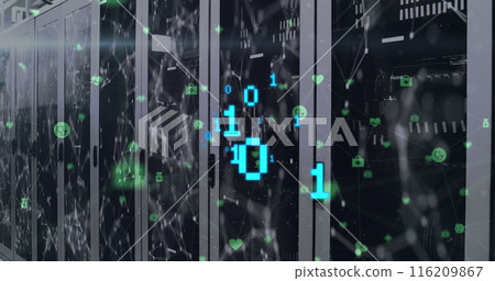 Image of binary coding over network of connections and digital icons against server room Image of binary coding over network of connections and digital icons against server room 116209867