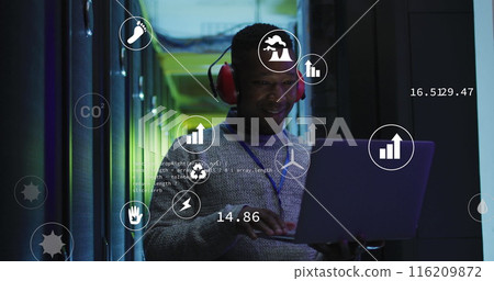 Image of digital icons against african american male engineer with laptop working at server room Image of digital icons against african american male engineer with laptop working at server room 116209872