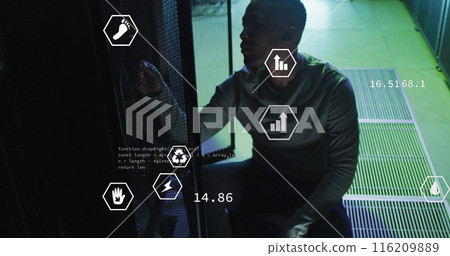 Image of digital icons, data processing on african american male engineer working at server room 116209889