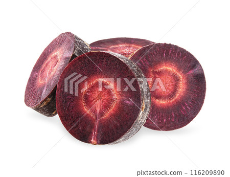 Slice purple carrot isolated on white background. Slice purple carrot isolated on white background. 116209890
