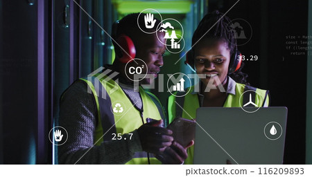 Image of data processing over african american male and female engineers working at server room Image of data processing over african american male and female engineers working at server room 116209893