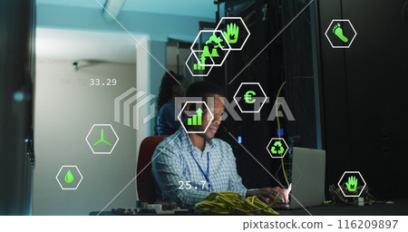 Image of digital icons against african american male engineer with laptop working at server room Image of digital icons against african american male engineer with laptop working at server room 116209897