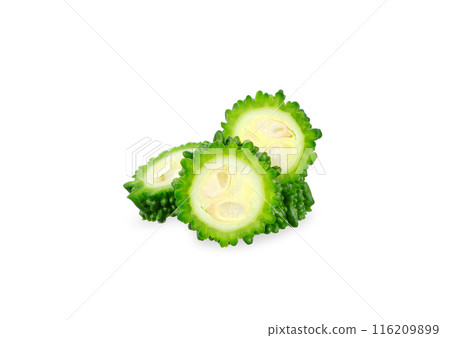 Sliced bitter gourd isolated on white background. Sliced bitter gourd isolated on white background. 116209899