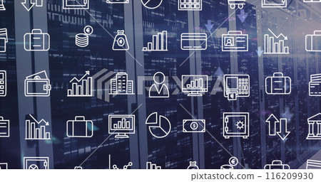 Image of interface with digital icons and mosaic squares against computer server room 116209930