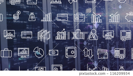 Image of interface with digital icons and mosaic squares against computer server room Image of interface with digital icons and mosaic squares against computer server room 116209934