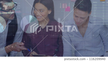 Image of statistical data processing against diverse businesspeople discussing at office Image of statistical data processing against diverse businesspeople discussing at office 116209940