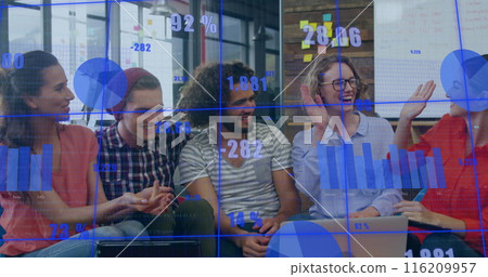 Image of statistical data processing over diverse colleagues high fiving each other at office Image of statistical data processing over diverse colleagues high fiving each other at office 116209957
