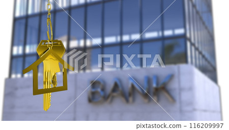 Image of key in house keychain over bank text on modern building Image of key in house keychain over bank text on modern building 116209997