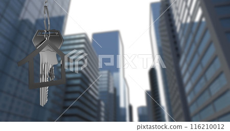 Image of key in house keychain over low angle view of modern buildings against sky 116210012