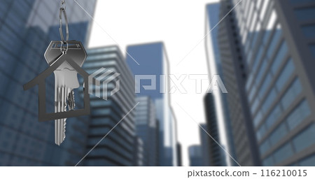 Image of key in house keychain over low angle view of modern buildings against sky Image of key in house keychain over low angle view of modern buildings against sky 116210015