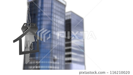 Image of key in house keychain over modern buildings against white background 116210020