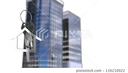 Image of key in house keychain over modern buildings against white background 116210022