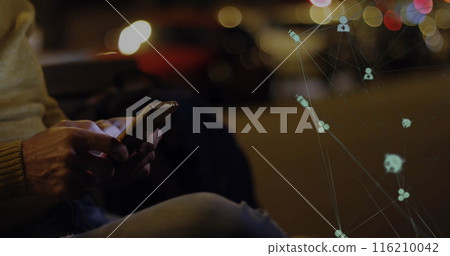 A middle-aged Caucasian man using smartphone with a network graphic overlay 116210042