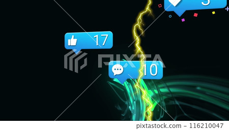 Image of notification bars, lightning and abstract pattern over black background Image of notification bars, lightning and abstract pattern over black background 116210047