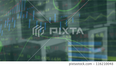 Image of graphs, loading circles and trading board over unoccupied chairs Image of graphs, loading circles and trading board over unoccupied chairs 116210048