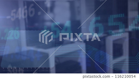 Image of multicolored trading board over unoccupied chairs in background 116210054