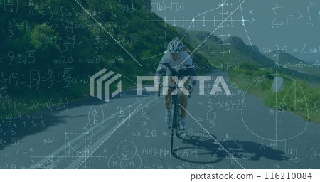 Image of mathematical equations over caucasian female cyclist riding a bicycle on the street Image of mathematical equations over caucasian female cyclist riding a bicycle on the street 116210084