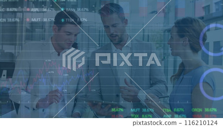 Image of statistical data processing over diverse businesspeople discussing together at office Image of statistical data processing over diverse businesspeople discussing together at office 116210124