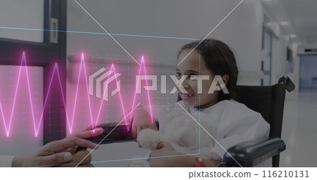 Image of heart rate monitor over biracial girl with soft toy in wheelchair talking at hospital 116210131