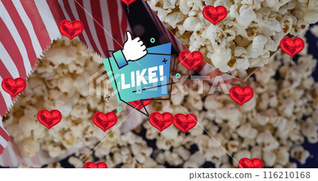 Image of like text and icon over red hearts and popcorn 116210168