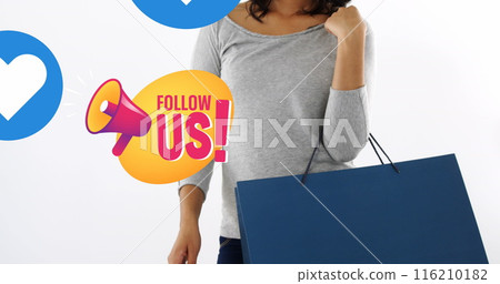 Image of follow us text, megaphone and heart icons over caucasian woman with shopping Image of follow us text, megaphone and heart icons over caucasian woman with shopping 116210182