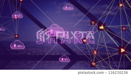 Image of social media data processing with share text over cityscape 116210236