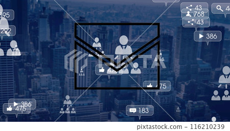 Image of social media data processing with envelope over cityscape Image of social media data processing with envelope over cityscape 116210239
