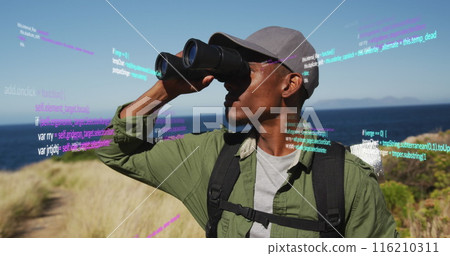Image of data processing over african american man using binoculars in nature 116210311