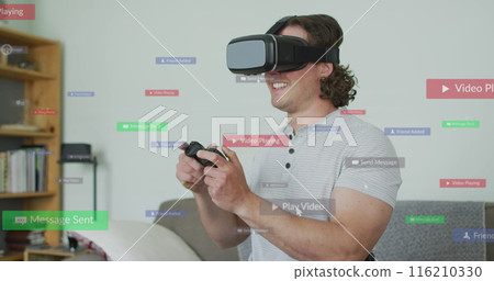 Image of social media data processing over caucasian man using vr headset 116210330