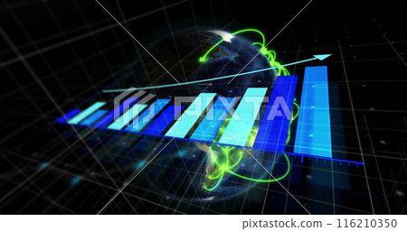 Image of arrow on growing bar graph and lines over rotating globe over black background 116210350