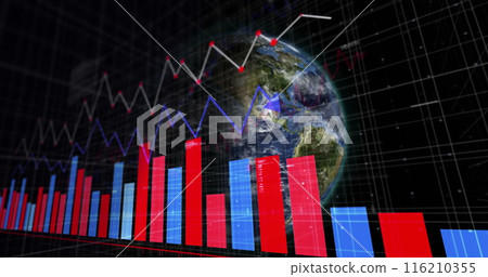 Image of multiple graphs over rotating globe against black background 116210355