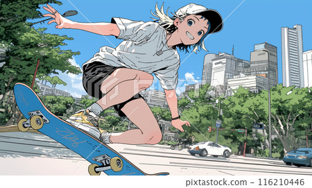 Young woman enjoying skateboarding in a city park 116210446