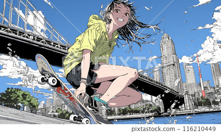 在市中心公園享受滑板的年輕女子 116210449